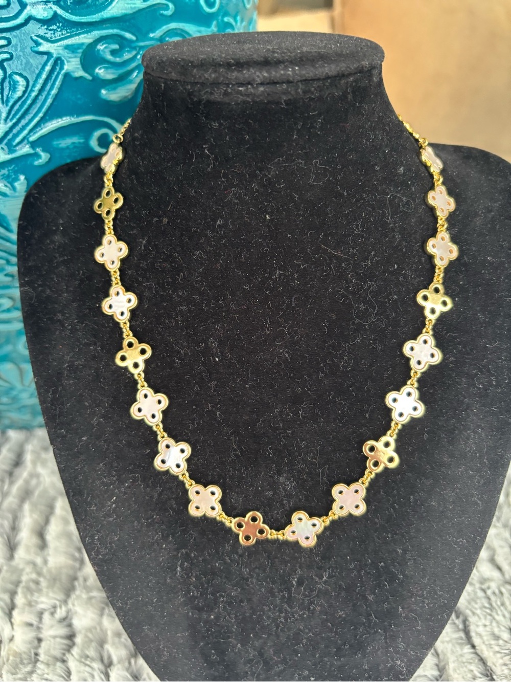 Tory Burch Gold Tone Necklace with White Clover Motifs